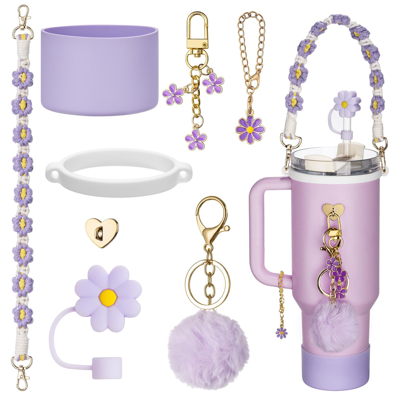 Ventas calientes accesorios de taza de agua stanley margarita cuerda de mano anillo de silicona gorra de paja flor bola de pelo de silicona taza de soporte