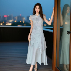2025夏季新款立领显瘦不规则中式刺绣假两件改良旗袍连衣裙女装