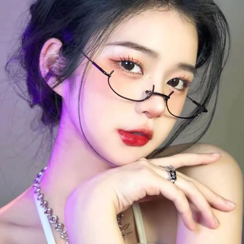 Women’s Half-Frame Decorative Glasses, Japanese Sweet Style, Black Plastic Lenses — detail image 2
