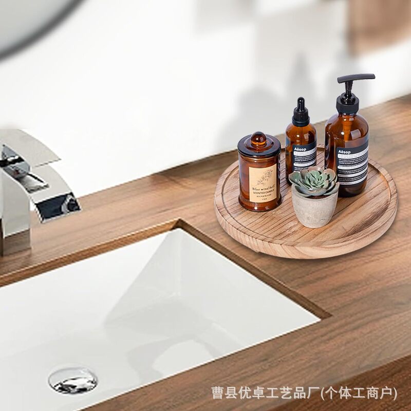 现货实木烧色圆形香薰托盘桌面化妆品摆放架木质高脚蜡烛托盘底座|undefined