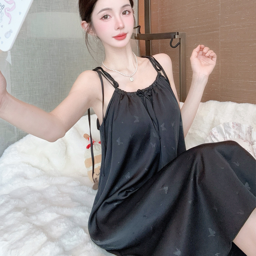 New Butterfly Embossed Mid-Length Nightgown Halterneck Summer Sexy Pajamas for Women Ice Silk Suspenders Short Style with Chest Pad