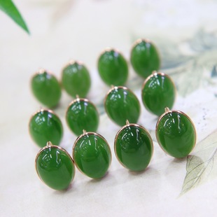 Fubei Diamond Jewelry [18K Gold Inlaid with Hetian Jasper Spinach Green Egg-Shaped Ear Hooks] the Size of the Bare Stone Is about 10*14mm