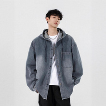 春秋季美式复古外套男士休闲连帽牛仔衣韩版宽松情侣长袖夹克上衣
