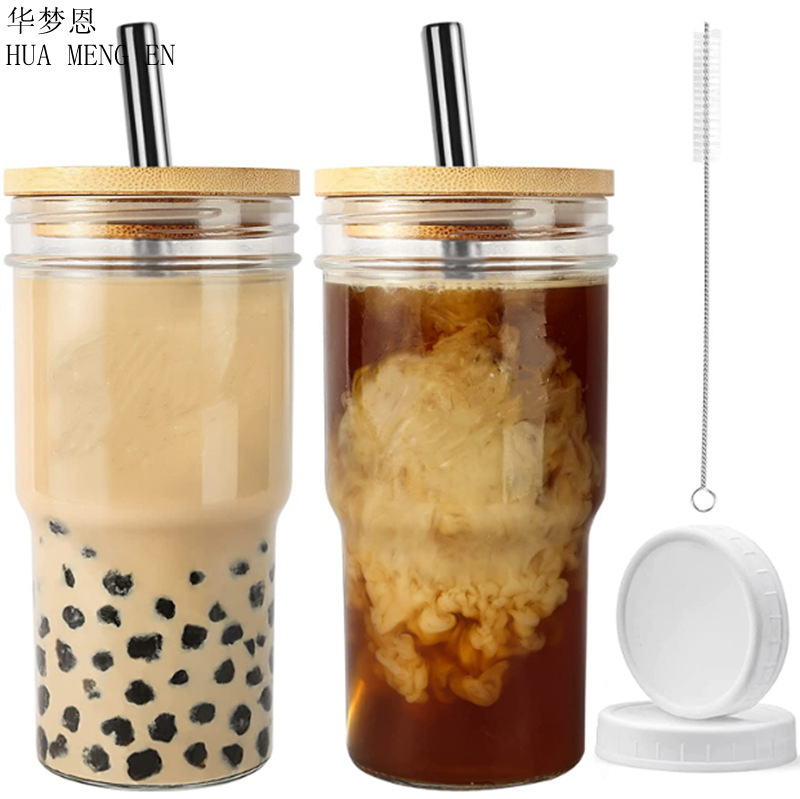 Cross-border new glass Boba Cup smoothie bamboo cup 24 oz iced coffee Mason cup milk tea cup drinking cup