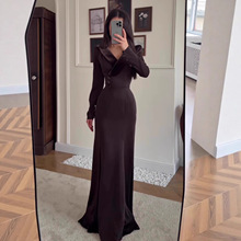 欧美跨境女装2025秋季新款长袖高腰翻领设计感气质长款修身连衣裙