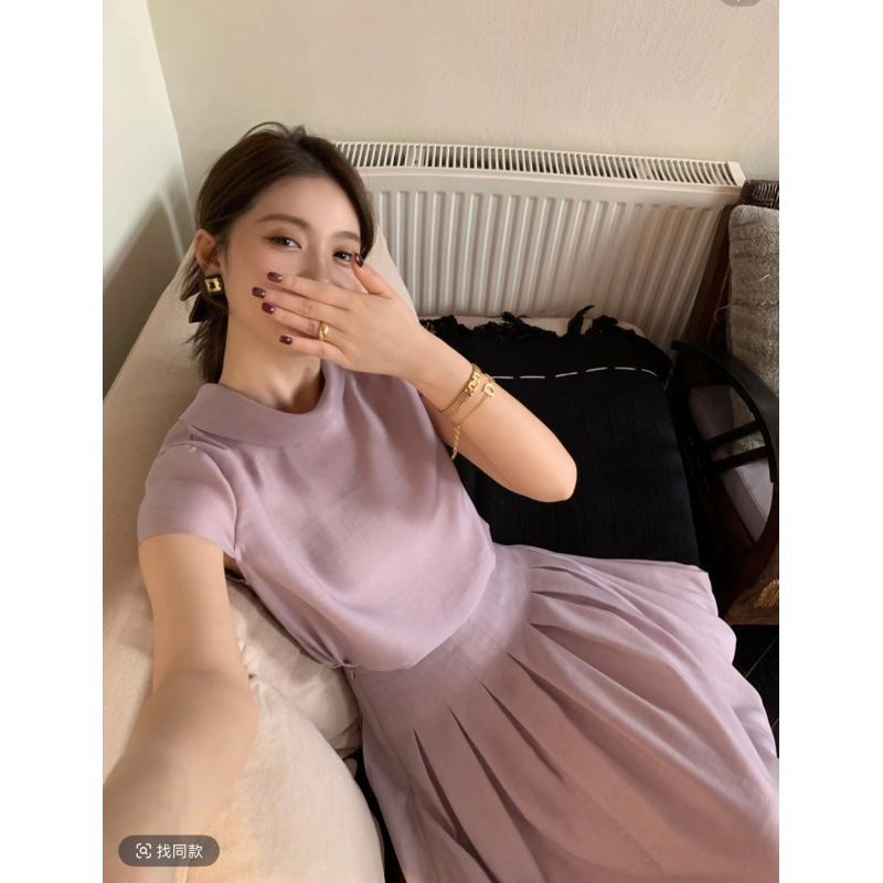 Luozhiyin Elegant Purple Tencel New Korean Style Blouse and Pleated Skirt Fashion Set Luozhiyin Elegant Purple Tencel New Korean Style Blouse and Pleated Skirt Fashion Set
