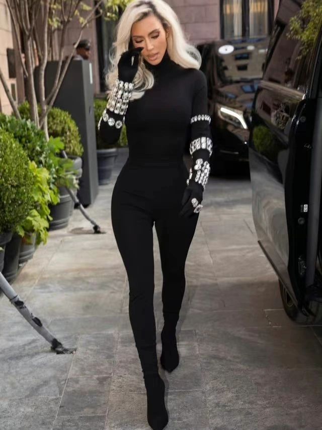 2024 Nuevo mono ordenado a mano Diamond turtleneck bandage jumpsuit manga larga apretado adelgazar estación independiente de las mujeres