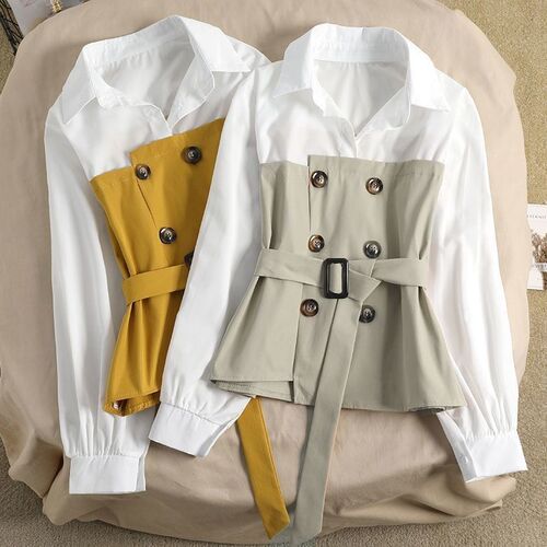 MG Elephant New Short Figure Patchwork POLO Collar Irregular Hem Belted Waist Long Sleeve Shirt