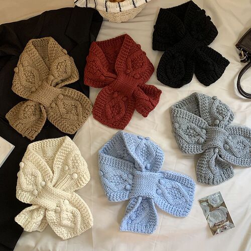 Retro embossed knit cross neck scarf short style red Korean style 2025 autumn winter versatile