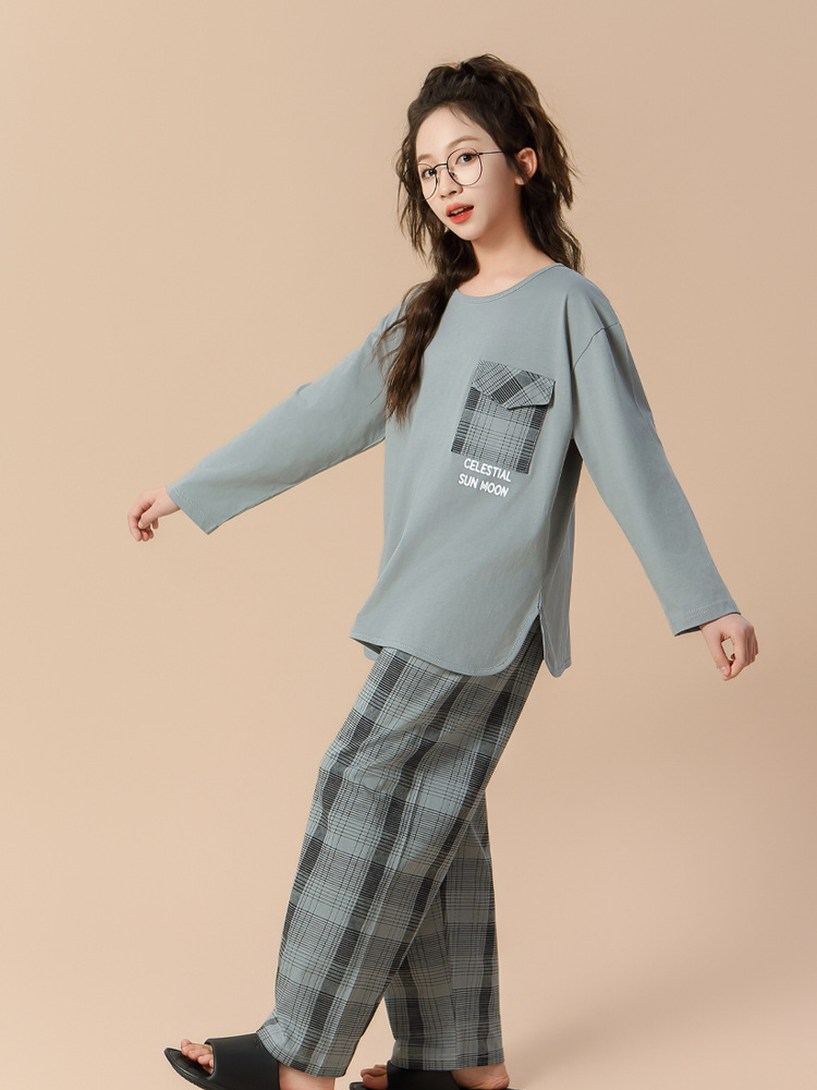 Nueva primavera y otoño algodón de manga larga para niñas estudiantes de niños mayores 100% algodón conjunto de ropa de casa a rejilla