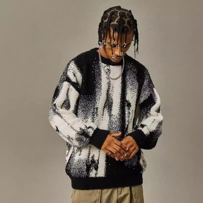 Men's Clothing color matching loose sweater autumn and winter new long sleeved knitted sweater round neck top_voghion.com