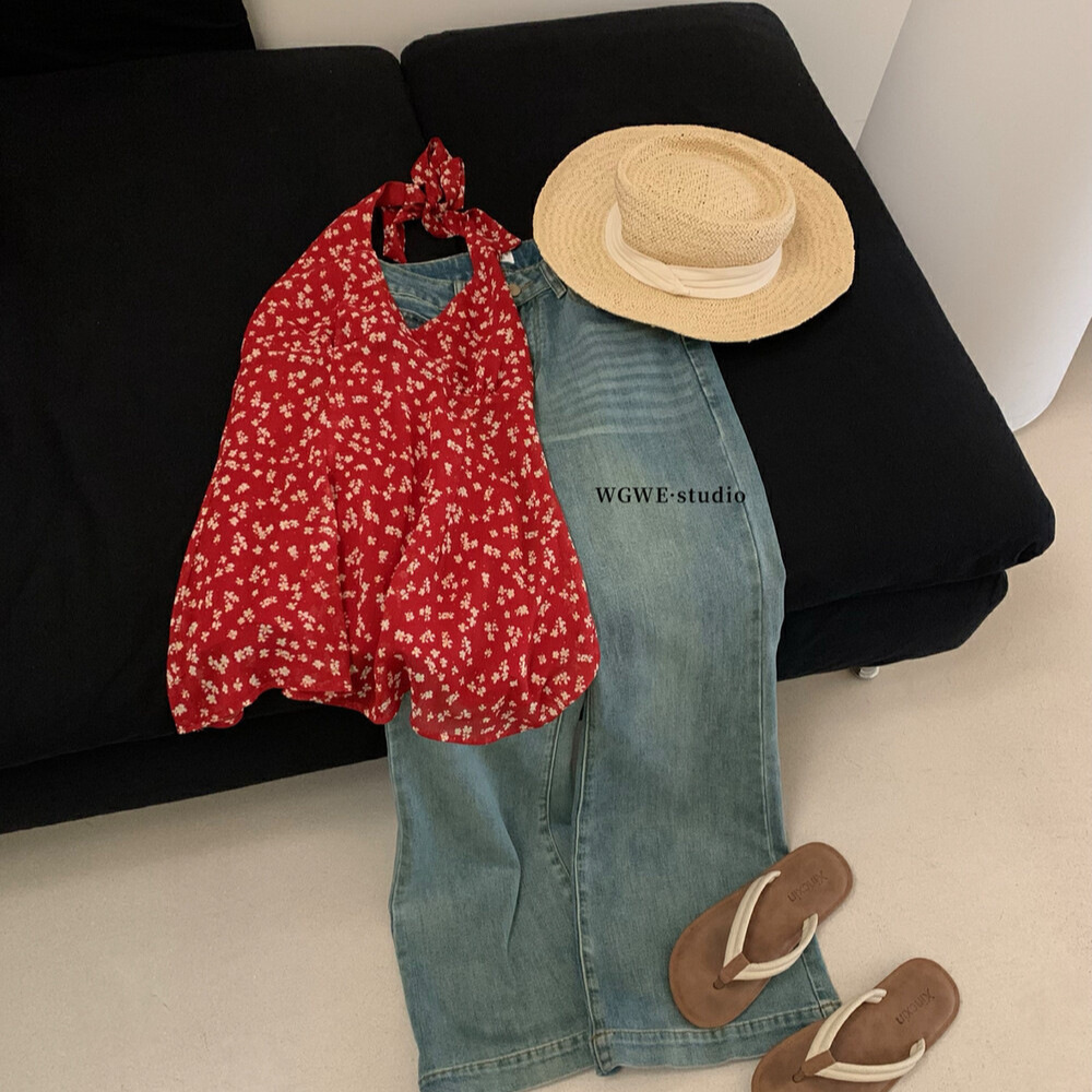 WGWE estilo de vacaciones con cuello en v floral halter chaleco temperamento dulce chica caliente sin espalda playa camisa de gasa verano W5321 image 4