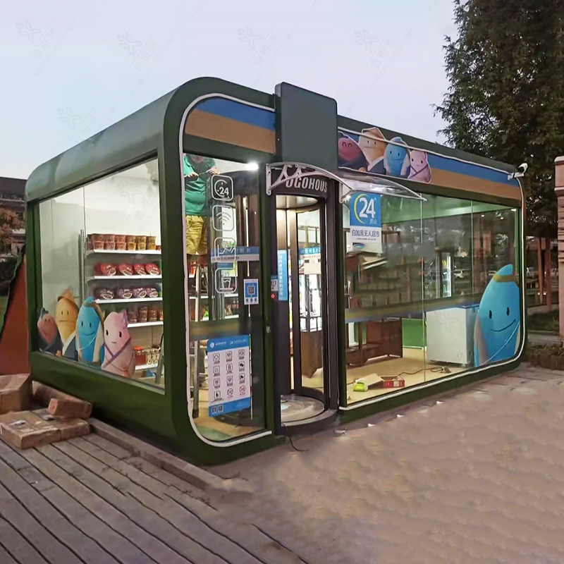 Tecnología futura cabina de Apple 24 horas ventas no tripuladas supermercado punto escénico camping transparente sala de exposiciones tienda de producción