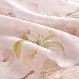 半透微筋骨 古风粉色桃花印花真丝天丝亚麻桑蚕丝面料裙子布料diy