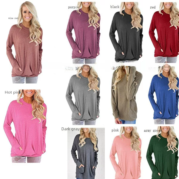 2025 Amazon Cross-Border Autumn and Winter Women's Round Neck Batwing Long Sleeve Pocket Solid Color Loose T-Shirt, 11 Colors, 5 Sizes