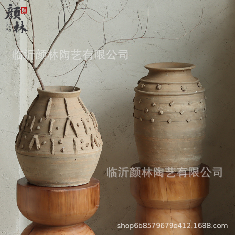 Ornamentación de vasijas de flores de viento tranquilo, vasijas de cerámica antiguas hechas a mano, vasijas de cerámica decorativas blandas, vasijas de flores secas, vasijas de cerámica decorativas residenciales