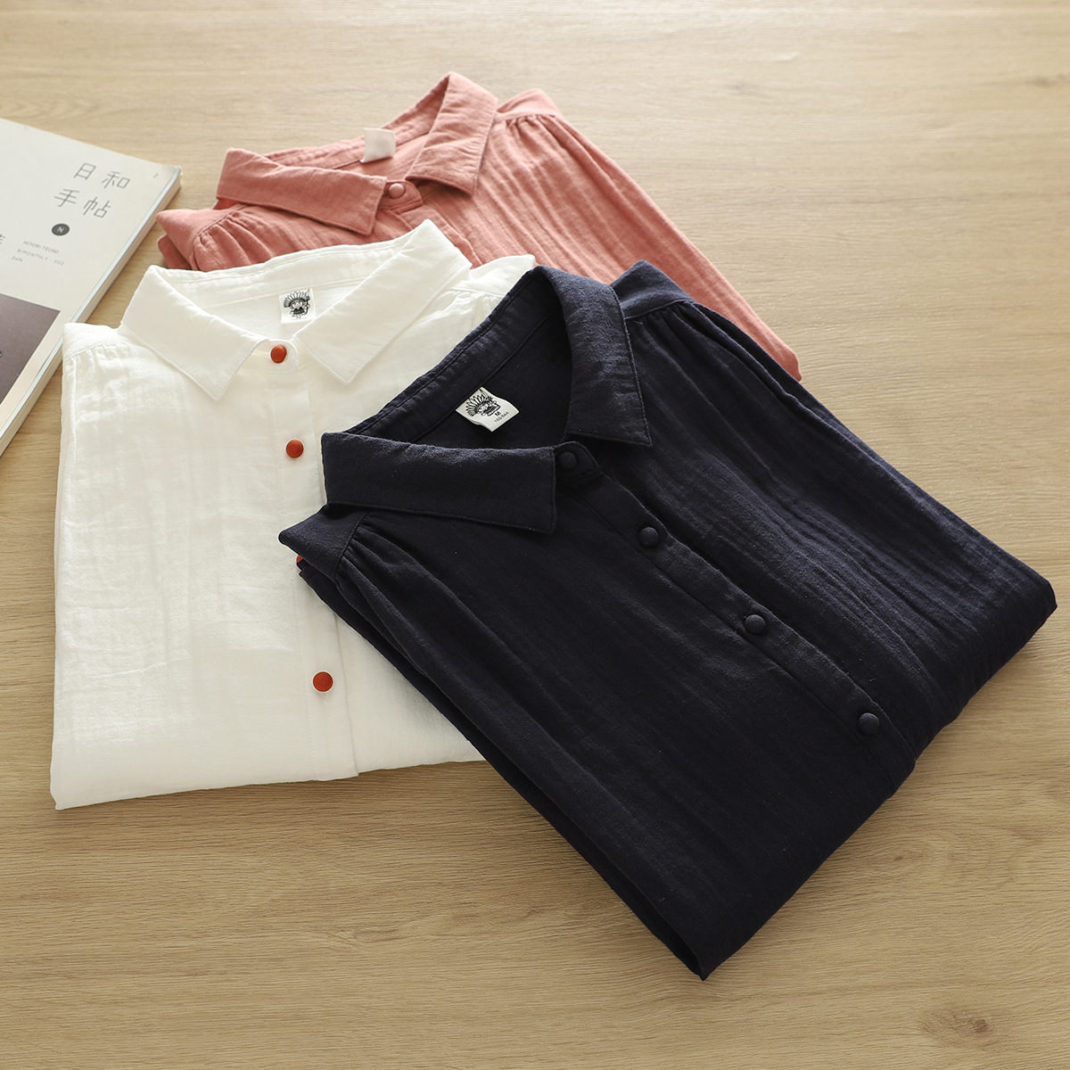 Factory Direct Sales Literary and Casual Colorful Button Double-Layer Cotton Yarn Pure Cotton Women's Long-Sleeved Shirt Pure Cotton Women's Shirt