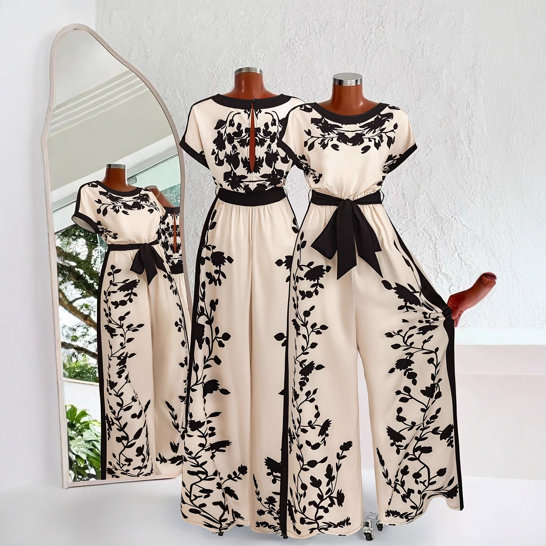 In Stock, Cross-Border European and American Size Women's Elegant Jumpsuit with Printed Color-Blocking and Waist Tie Short-Sleeve Romper