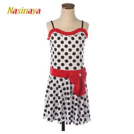 福诺儿童成人花样滑冰服女童表演比赛考级裙黑白波点红蝴蝶结