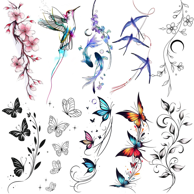 Cross-Border Ins Style Fresh Butterfly Tattoo Stickers for Back of Hand, Back of Foot, and Collarbone, Water Transfer Tattoo Stickers, European and American Tattoo Cross-Border Ins Style Fresh Butterfly Tattoo Stickers for Back of Hand, Back of Foot, and Collarbone, Water Transfer Tattoo Stickers, European and American Tattoo
