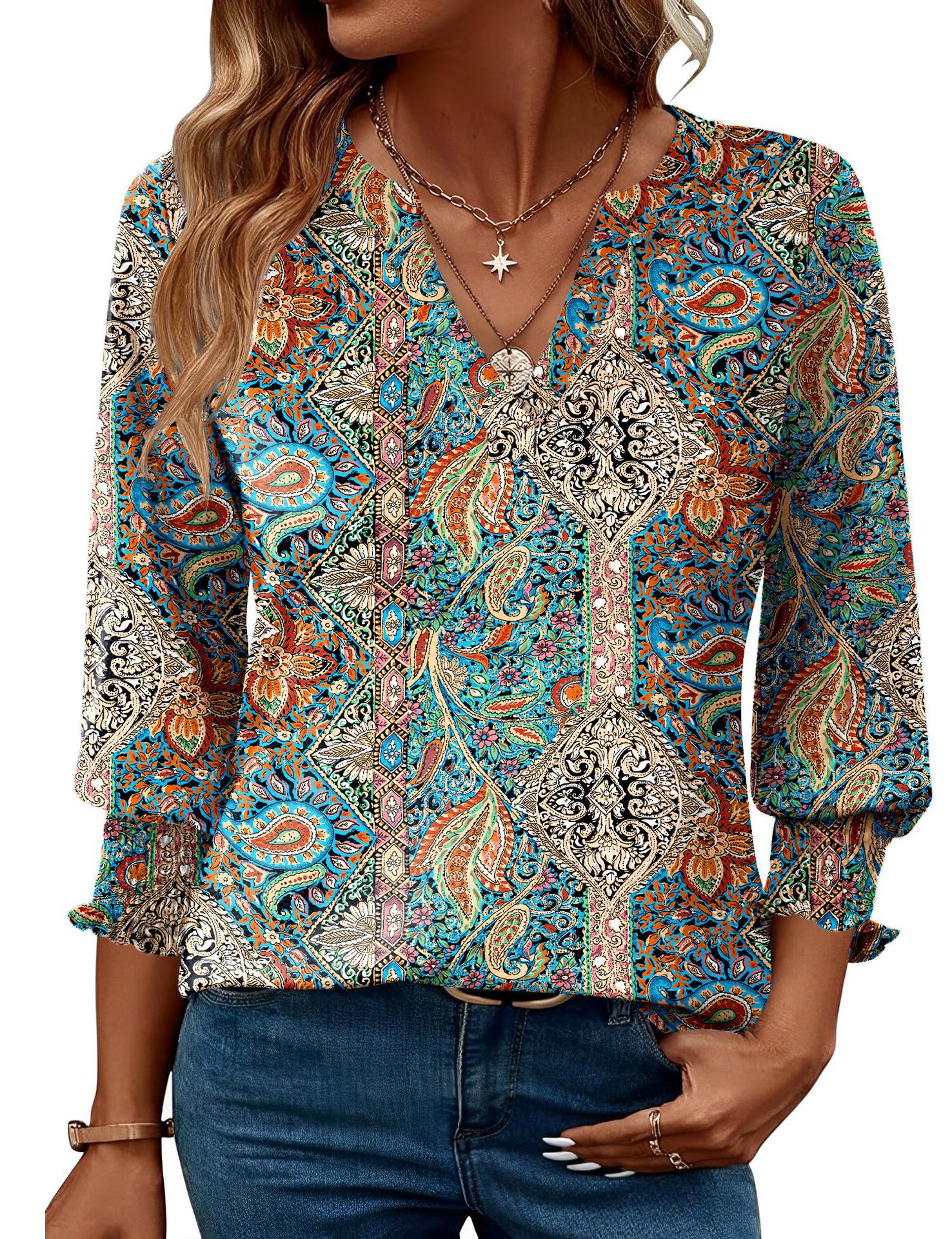 European And American Cross-border Women's 2026 Fashion Top, Three-quarter Sleeve Floral Print Casual Shirt, Summer_ecoleips.com
