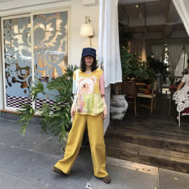 复古撞色小熊刺绣针织短袖女宽松polo领镂空网眼透气中长款女上衣