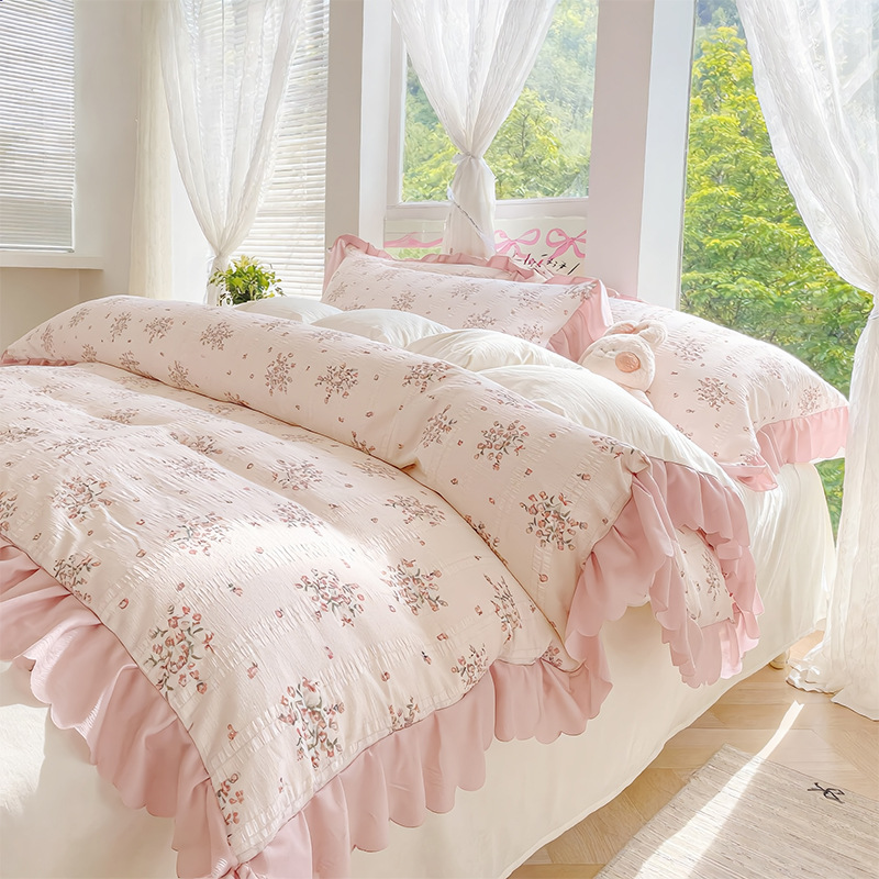 26 bambú de algodón cama de cuatro piezas pequeñas flores frescas pequeñas flores de encaje estilo de viento princesa viento tres piezas flor de bosque