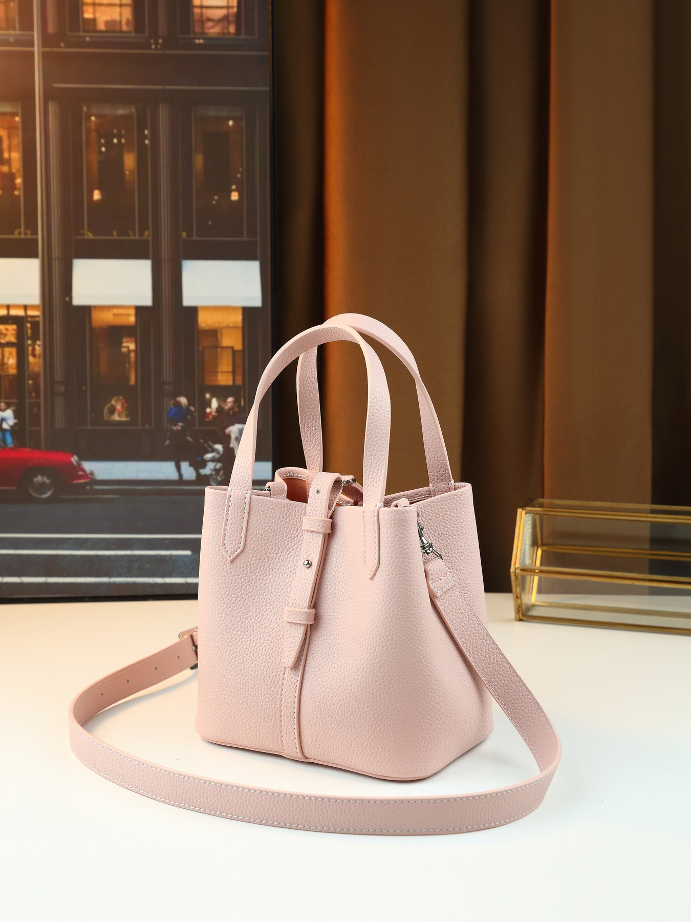 Lychee Pattern Women's Handbag Solid Color Bucket Bag Versatile Shoulder/Crossbody Bag For Commuting PU Leather Zipper Closure Medium Size_voghion.com