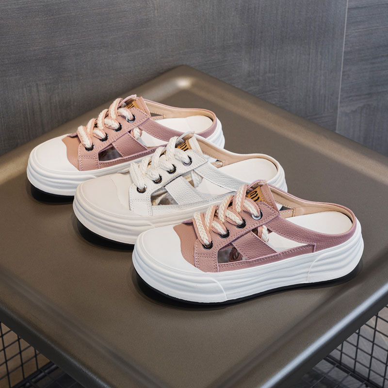 Plus Size Half-Cap Toe Slippers for Women's Outer Wear High-Bottom Cowhide Sandals 2025 New Summer Clogs Thick Soles 41