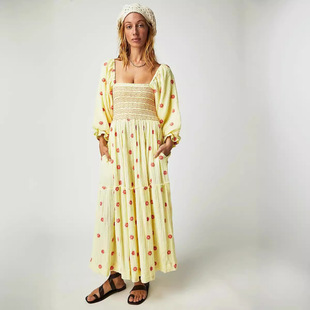 Autumn 2023 New Casual Trumpet Sleeve Embroidered Square Neck Sunflower dress