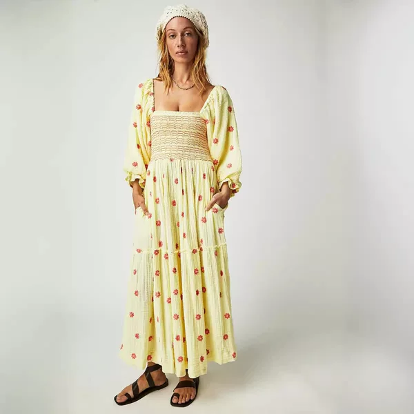 Autumn 2023 New Casual Trumpet Sleeve Embroidered Square Neck Sunflower dress