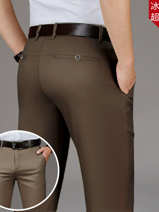 Pantalones de traje de seda de hielo de verano Pantalones casuales de los hombres de moda delgada recta ropa formal de negocios pantalones de traje sin planchar hombres