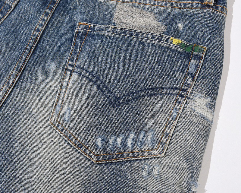 Vêtements pour hommes délavés, vieux, endommagés, trous, moustaches de chat, broderie, imprimé, éclaboussures d'encre, micro, évasé, jambe large, jeans_voghion.com