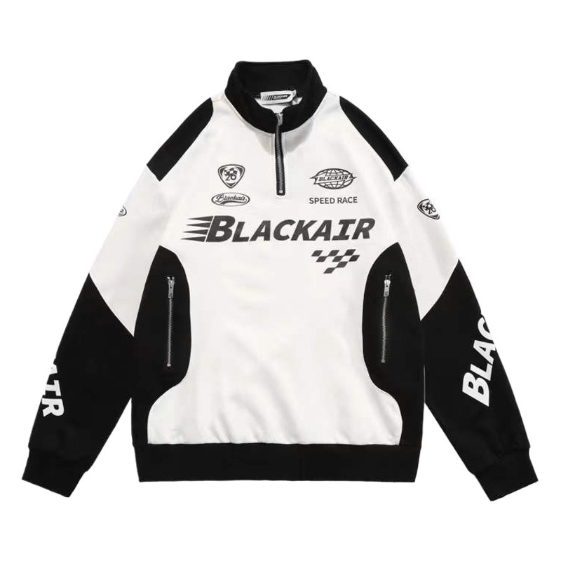 Original americano retro media cremallera color a juego ropa de carreras suéter para hombres y mujeres Primavera y otoño pareja marca de moda calle alta chaqueta de la motocicleta