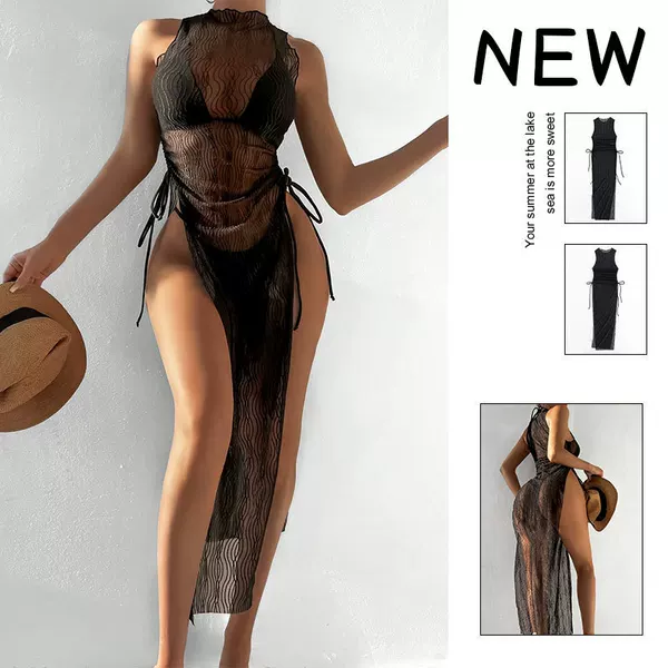 2026 New Cross-Border European and American Sexy Mesh One-Piece Swimsuit for Women with Lace-Up Transparent Beach Dress Cover-Up Swimwear Wholesale