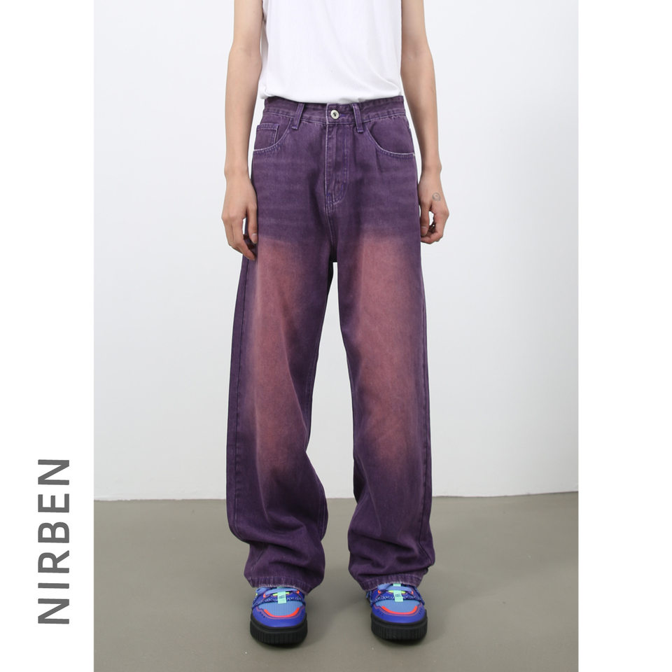 Quần jean nam ống rộng phong cách retro, cạp vừa, dáng đứng, dài chấm gót — Màu hồng, Màu tím, Xanh lam nhạt, Xanh lục cũ