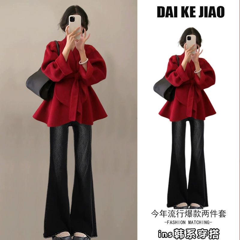 В этом году популярный набор женских осенних и зимних 2024 новых модных пальто с ремешками с высокой талией микро-джинсы из двух частей