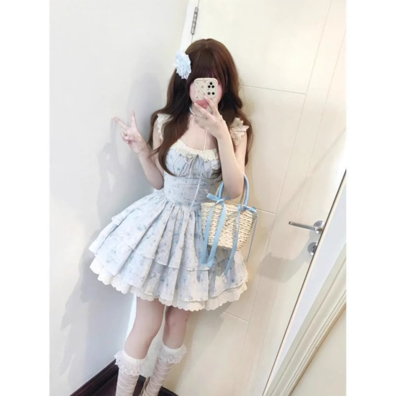 Sweet Hot Girl Little Flying Sleeve Floral Dress Women's Summer First Love Gentle Style Cake Princess Dress Waist Puffy Skirt