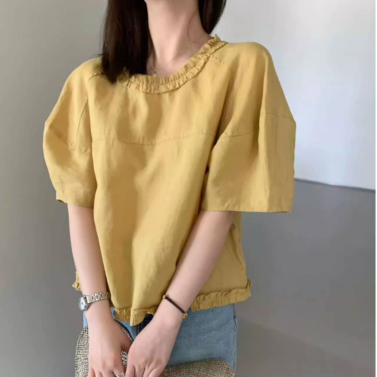 Корейская рубашка из чистого хлопка, универсальная, свободная, утягивающая, милая и уменьшающая возраст рубашка с круглым вырезом и короткими рукавами для женщин