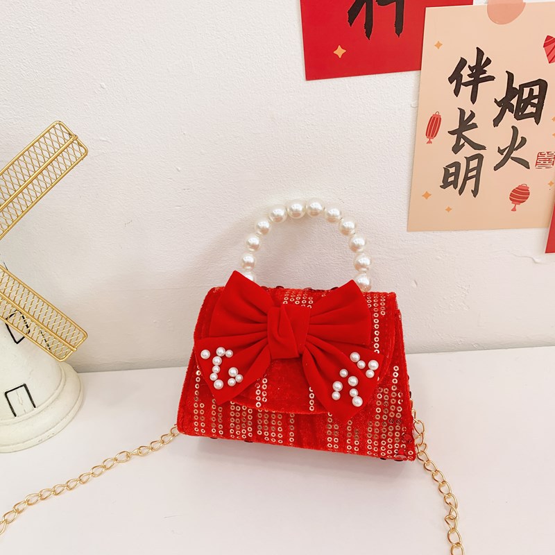 Bagos rojos perfumados para niñas bolsos de hombro con sequillas de perlas, bolsos para niños, bolsos de Año Nuevo para niños
