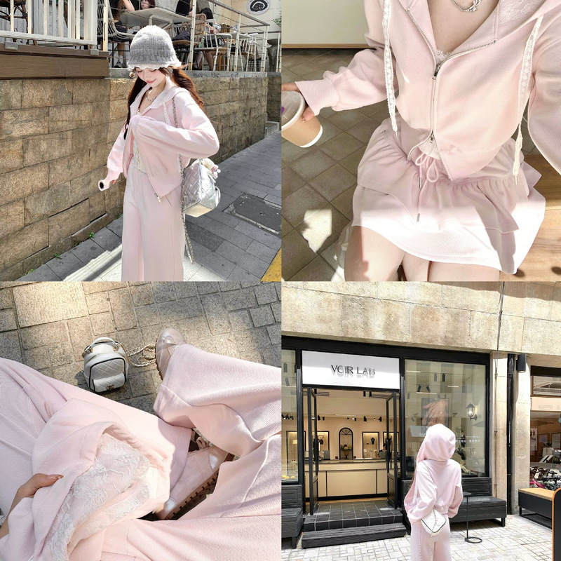 Q女家登机套装/蕾丝卫衣连帽外套卫裤半裙套装巨好看的早秋一整套|undefined