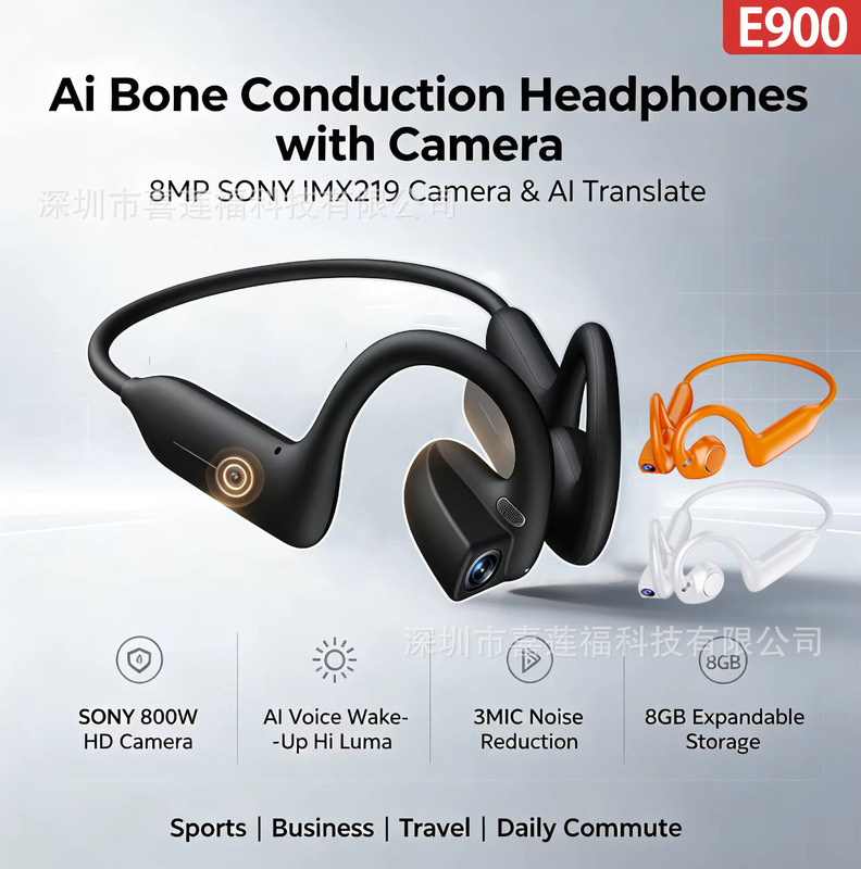 Popular Foreign Trade Product E900 Smart Bluetooth Earphones with Bone Conduction and 800W Pixel Camera for High-Definition Video Recording