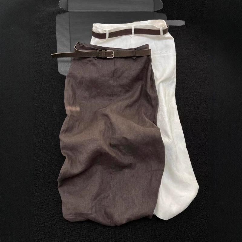 Highly Recommended! Old Money Style Coffee-Colored Linen Skirt for Women, New Summer Model, High-End Elegant Straight-Cut Slit Skirt Highly Recommended! Old Money Style Coffee-Colored Linen Skirt for Women, New Summer Model, High-End Elegant Straight-Cut Slit Skirt
