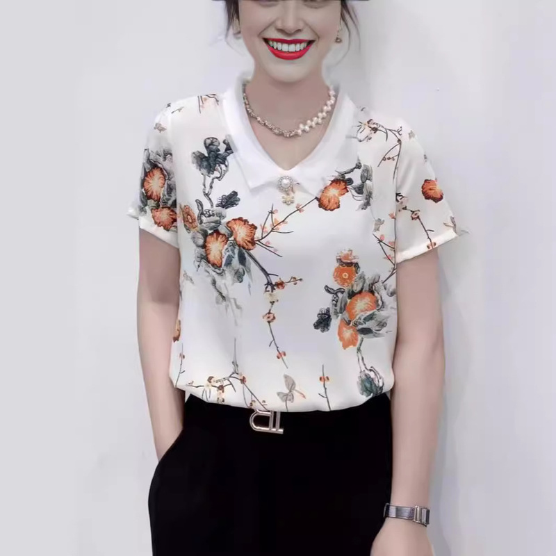 Shirt Women's Summer 2024 New Design Sense Niche Printed Shirt Loose All-match Small Shirt Doll Collar Top for Women