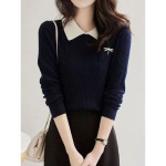 洋气修身显瘦娃娃领毛衣女2024春秋新款拼色小香风法式内搭针织衫