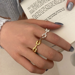 跨境新品時尚鏈條戒指復古金屬質感女生開口調節鏤空指環一件代發