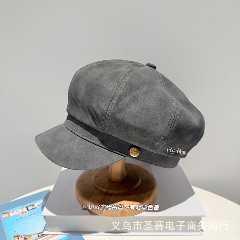 日系大头围棕色磨砂皮八角帽子女秋冬季皮质复古文艺韩版报童帽|undefined