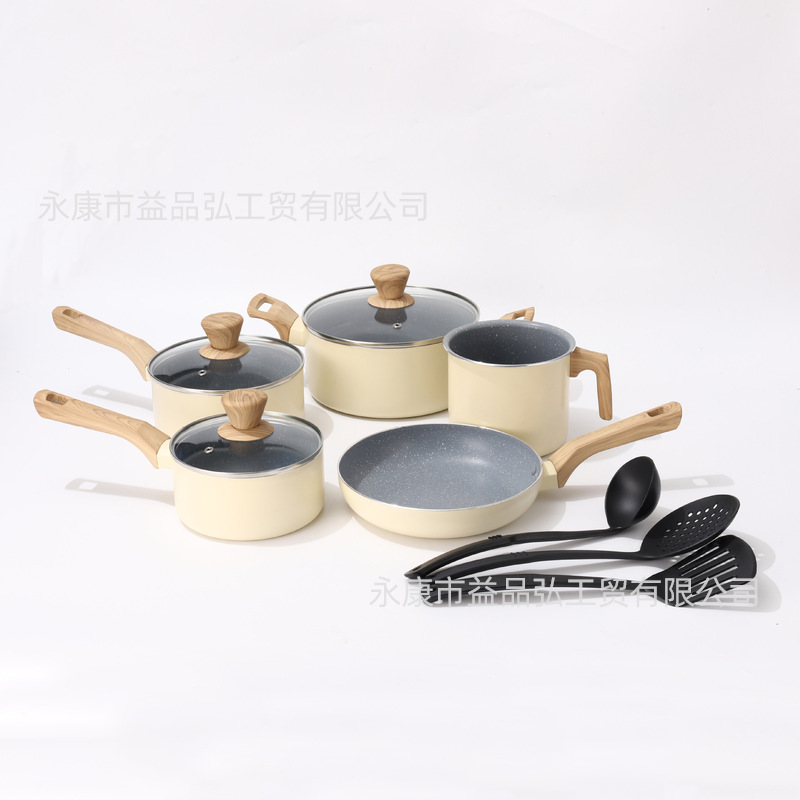 Comercio exterior transfronterizo Olla de aluminio Olla antiadherente Juego de olla blanca para el hogar Wok frito Juego de olla de sopa Olla de piedra médica al por mayor