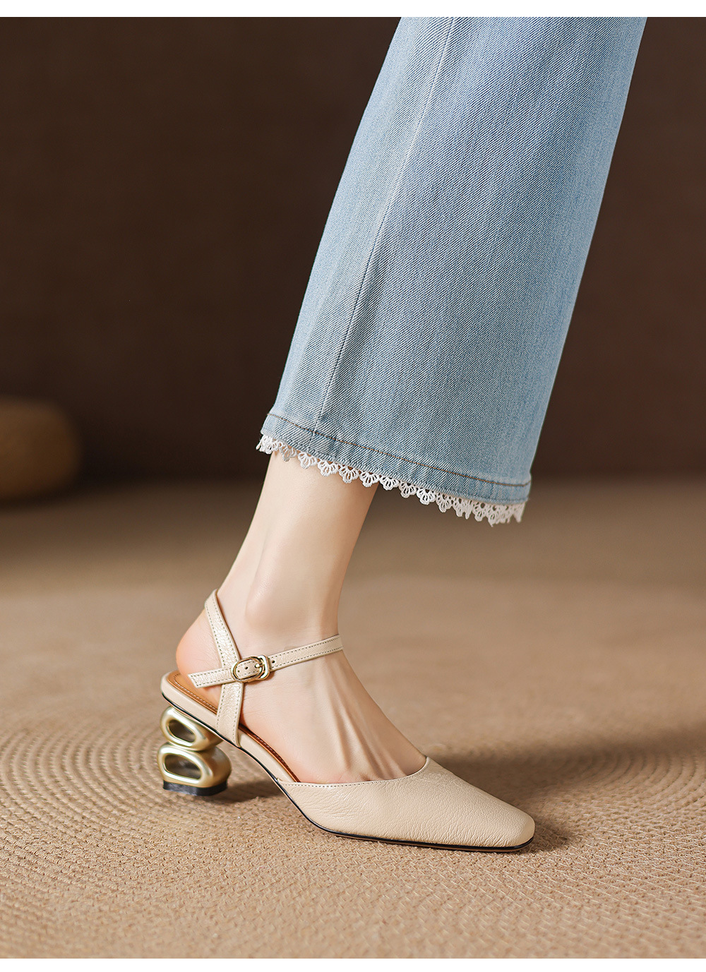 Sandal cao gót nữ mũi nhọn quai ngang kiểu Hàn Quốc — màu trắng ngà chi tiết 10