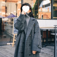 格子大衣女中长款2025秋季新款韩版宽松过膝法式赫本风大衣外套